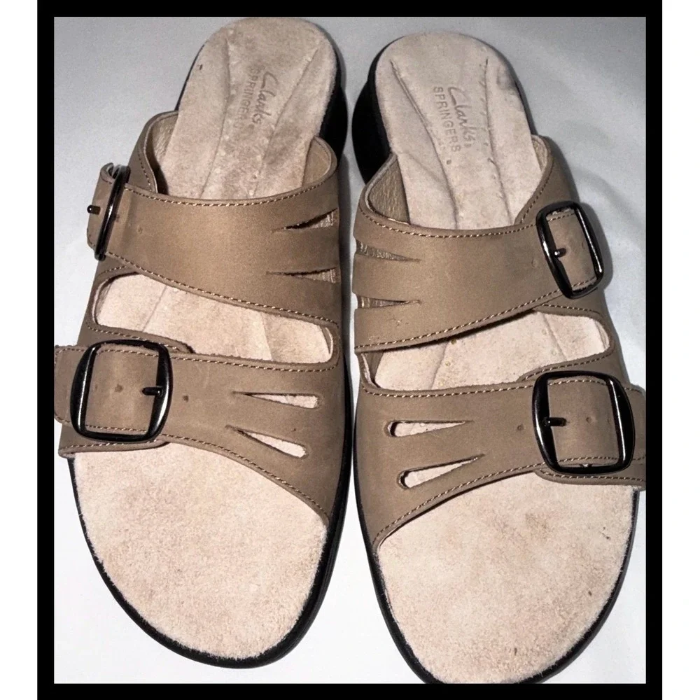 Clarks Springers Sandals Womens 5.5 Brown Leather Buckle Slides Comfort Casual